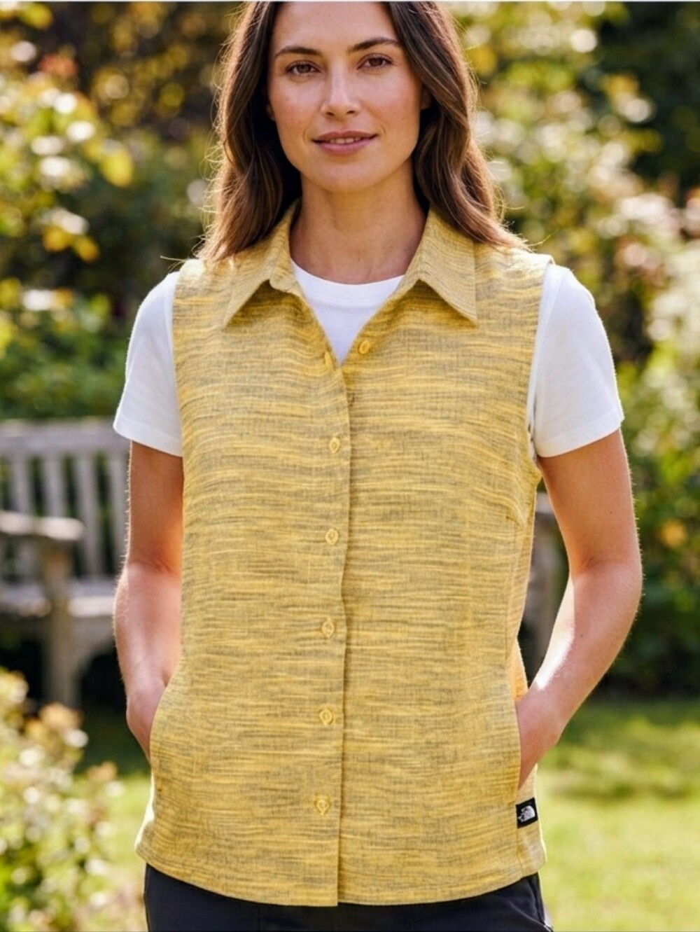 NWT The North Face Yellow Textured Sleeveless Button Down Medium M